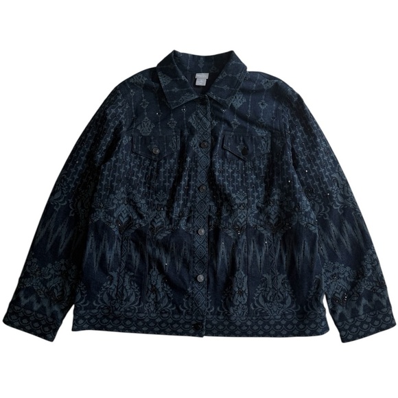 Chico's Sequin Beaded Embellished Denim Jacket Indigo Blue Sz 3 XLarge Western - Picture 1 of 14